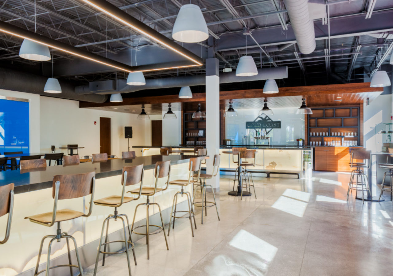 Hospitality Suite with Bar and Seating at Gold Coast Beverage Distribution Facility in Doral, FL