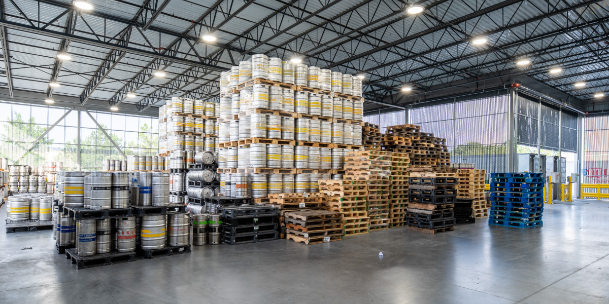 Stacked product inside of Beverage South's expanded warehouse space in West Columbia, SC