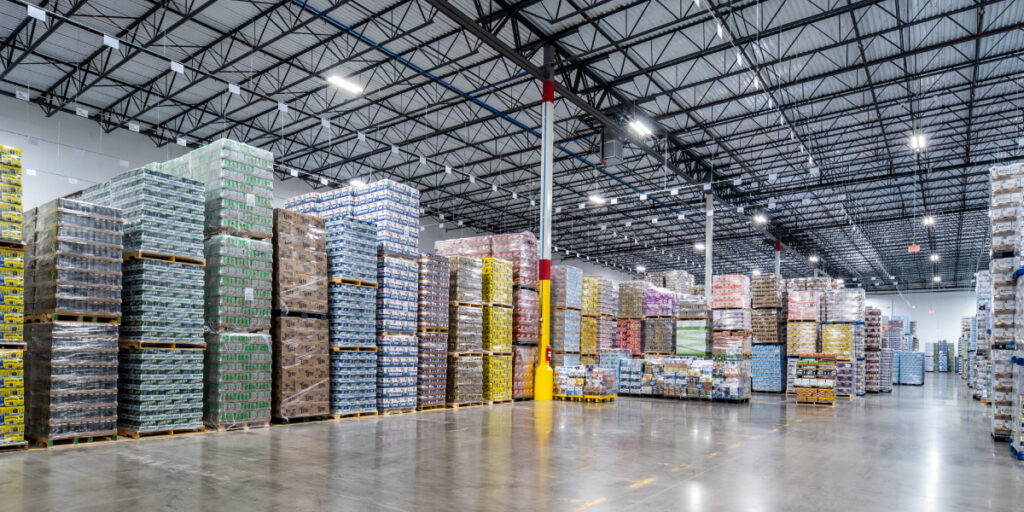 arco-national-construction-design-build-beverage-south-west-columbia-sc-gallery4 Stacked product lined up through Beverage South's newly expanded & renovated warehouse in West Columbia, SC