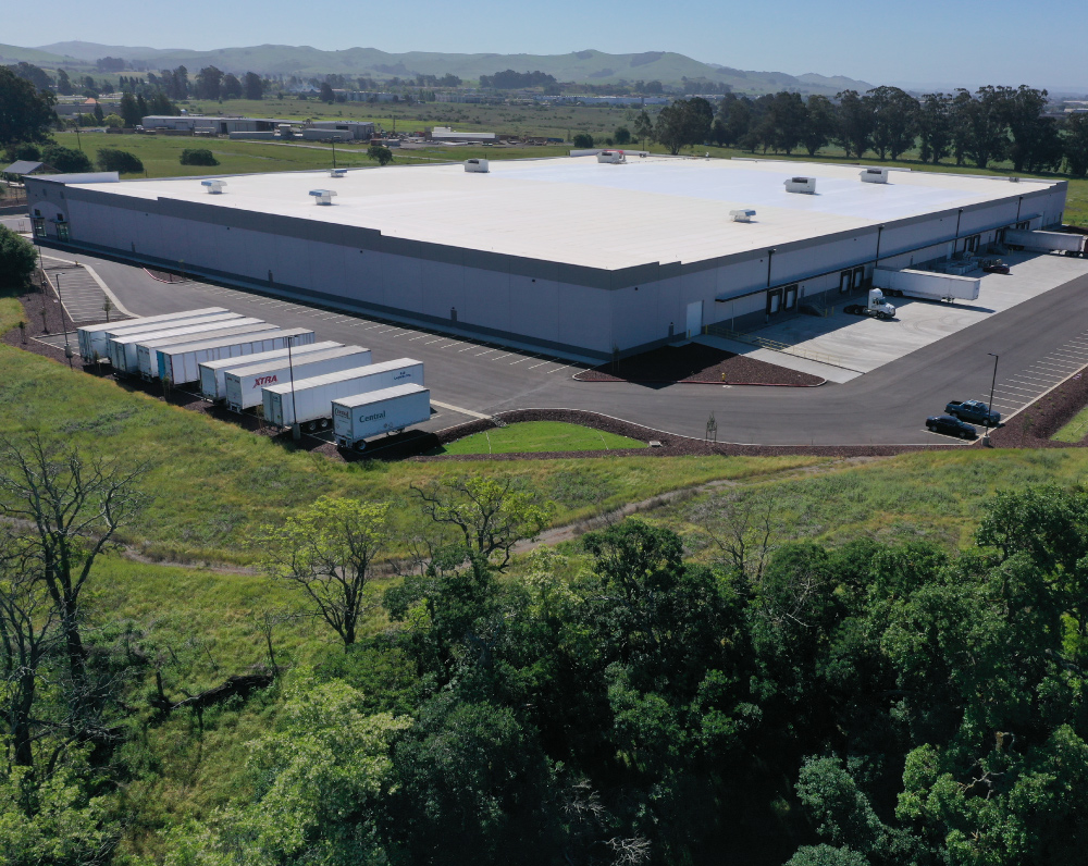 external aerial image of the copper peak logistics wine distribution facility in american canyon california